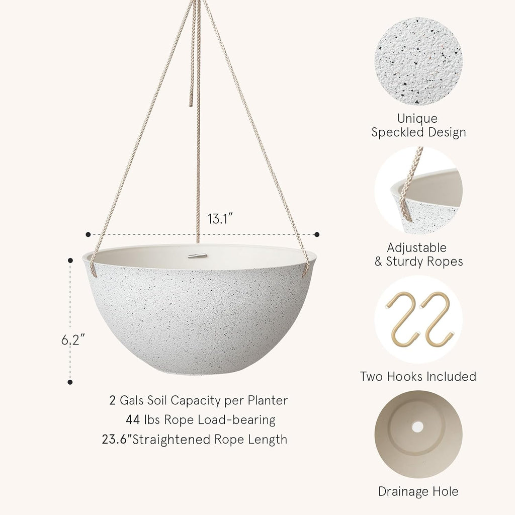 Large Hanging Planters for Outdoor Plants, Set of 2,13 Inch | White Hanging Baskets with Drainage Holes, Decorative Outdoor Hanging Planters for Windows, Porches, Balcony, Garden & Patio