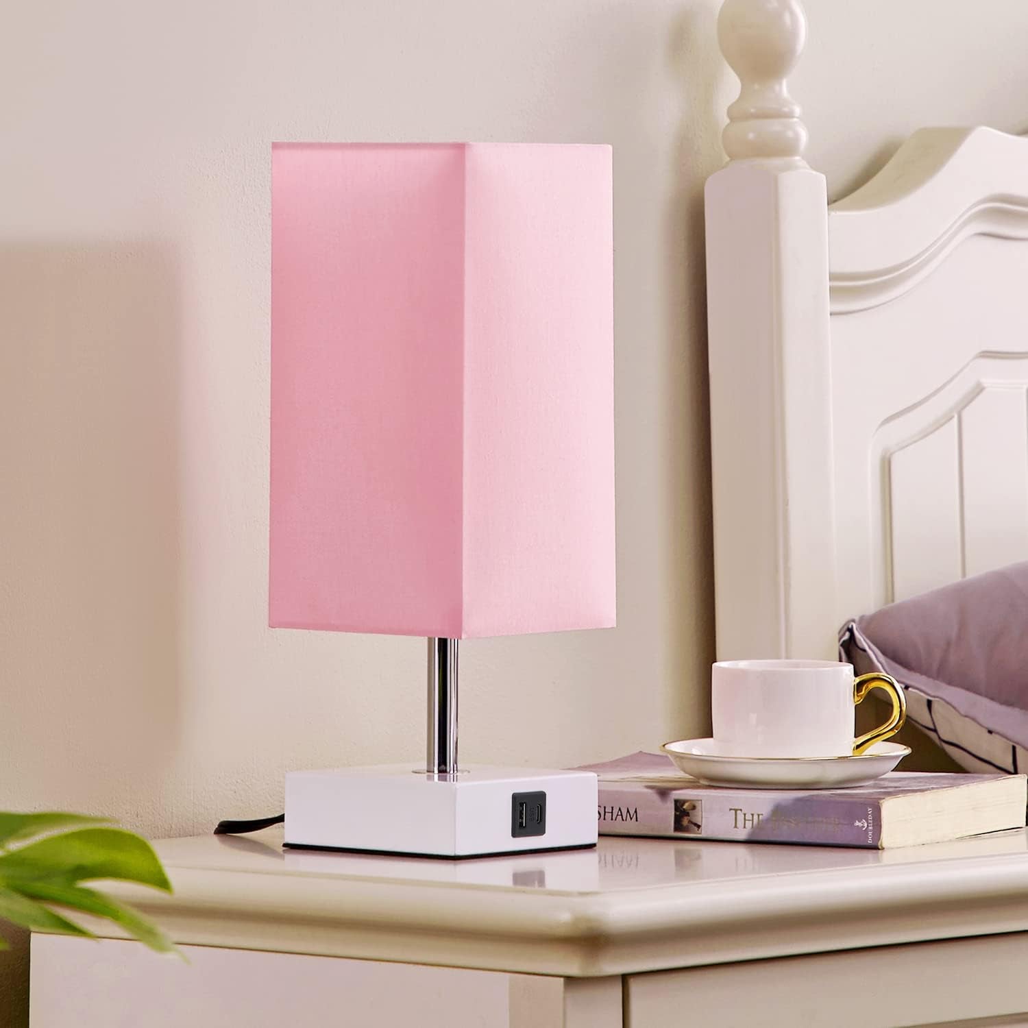 Touch Control Table Lamp with 2 USB Charging Ports, 3 Way Touch Lamps beside Desk, Nightstand Lamp for Bedrooms Living Room, Pink Shade with White Base, LED Bulb Included(Pink) | 3-Way Dimmable, 3000K LED Bulb Included, Square Pink Shade White Base, Cute Room Decor for Teen Girls, Kids, Nightstand, Desk