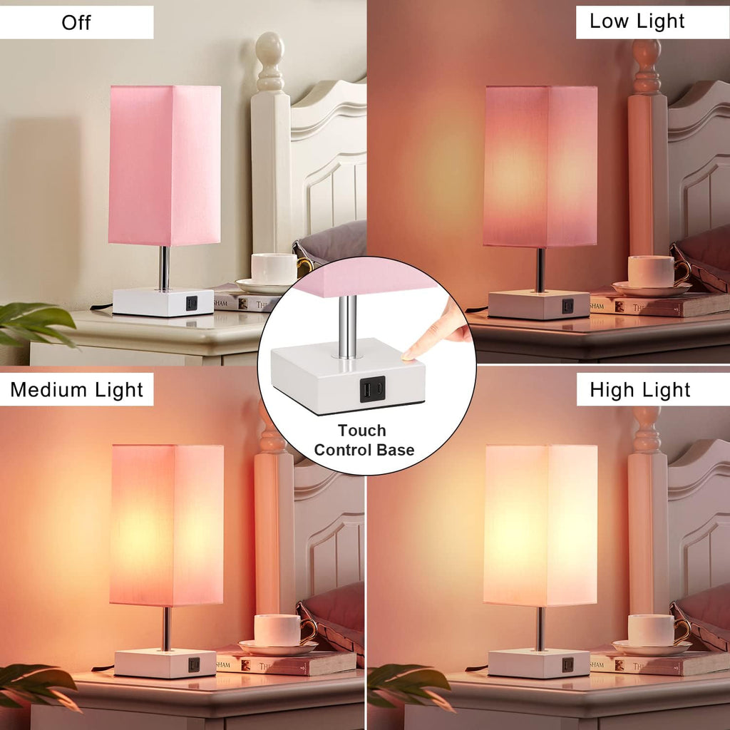 Touch Control Table Lamp with 2 USB Charging Ports, 3 Way Touch Lamps beside Desk, Nightstand Lamp for Bedrooms Living Room, Pink Shade with White Base, LED Bulb Included(Pink) | 3-Way Dimmable, 3000K LED Bulb Included, Square Pink Shade White Base, Cute Room Decor for Teen Girls, Kids, Nightstand, Desk