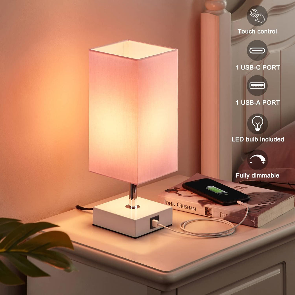 Touch Control Table Lamp with 2 USB Charging Ports, 3 Way Touch Lamps beside Desk, Nightstand Lamp for Bedrooms Living Room, Pink Shade with White Base, LED Bulb Included(Pink) | 3-Way Dimmable, 3000K LED Bulb Included, Square Pink Shade White Base, Cute Room Decor for Teen Girls, Kids, Nightstand, Desk