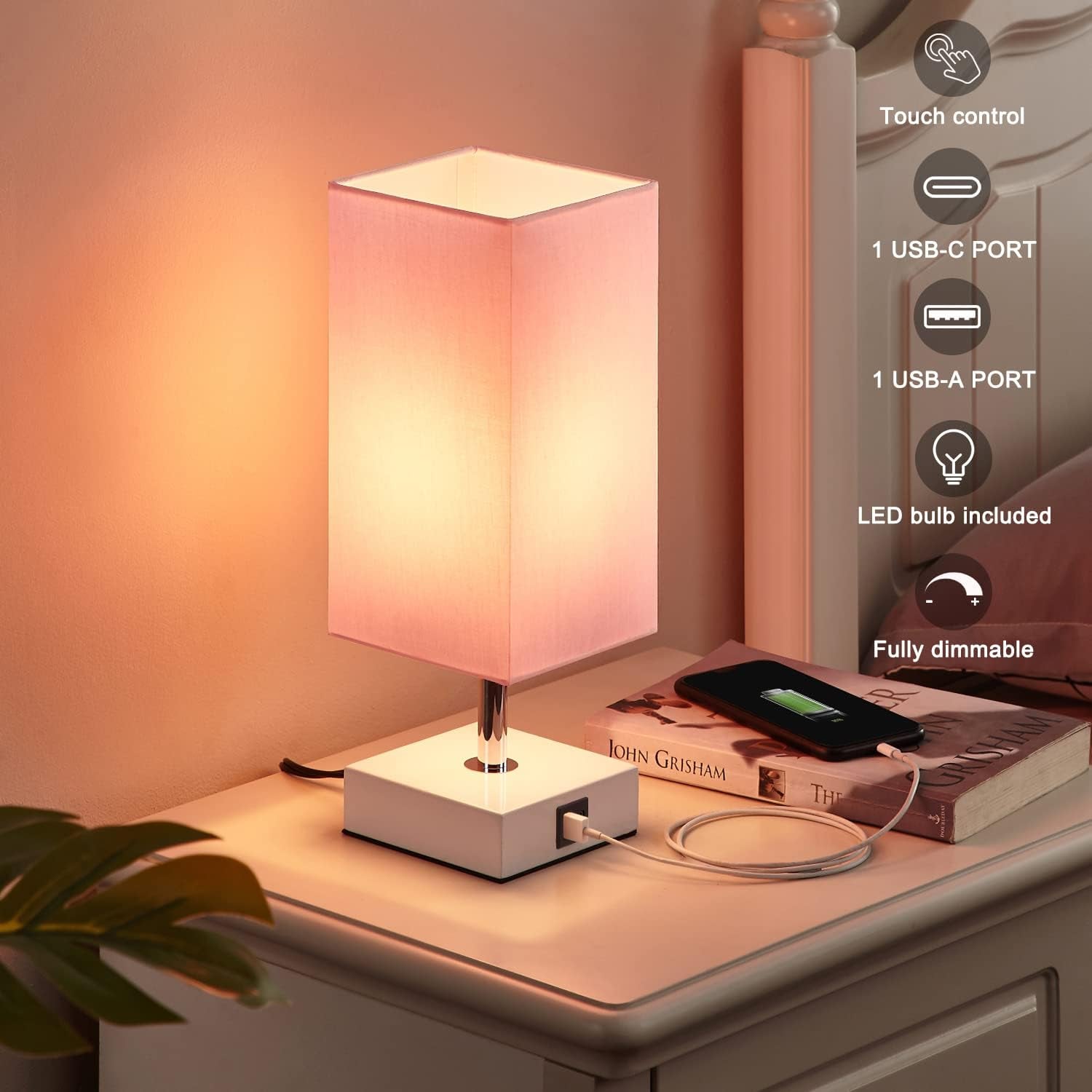 Touch Control Table Lamp with 2 USB Charging Ports, 3 Way Touch Lamps beside Desk, Nightstand Lamp for Bedrooms Living Room, Pink Shade with White Base, LED Bulb Included(Pink) | 3-Way Dimmable, 3000K LED Bulb Included, Square Pink Shade White Base, Cute Room Decor for Teen Girls, Kids, Nightstand, Desk