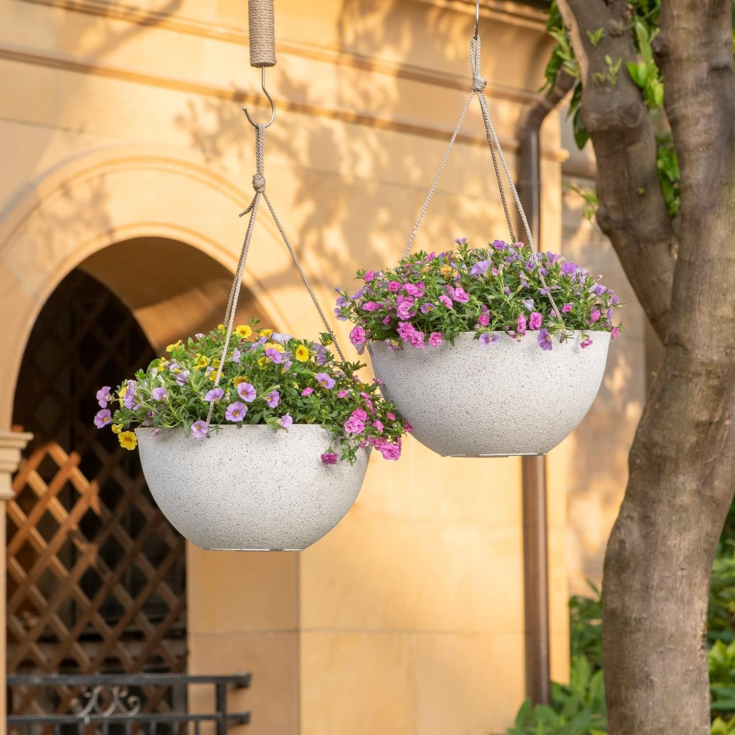 Large Hanging Planters for Outdoor Plants, Set of 2,13 Inch | White Hanging Baskets with Drainage Holes, Decorative Outdoor Hanging Planters for Windows, Porches, Balcony, Garden & Patio
