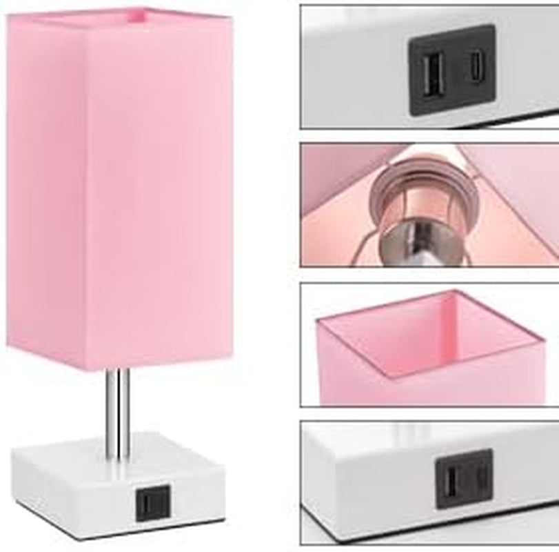 Touch Control Table Lamp with 2 USB Charging Ports, 3 Way Touch Lamps beside Desk, Nightstand Lamp for Bedrooms Living Room, Pink Shade with White Base, LED Bulb Included(Pink) | 3-Way Dimmable, 3000K LED Bulb Included, Square Pink Shade White Base, Cute Room Decor for Teen Girls, Kids, Nightstand, Desk