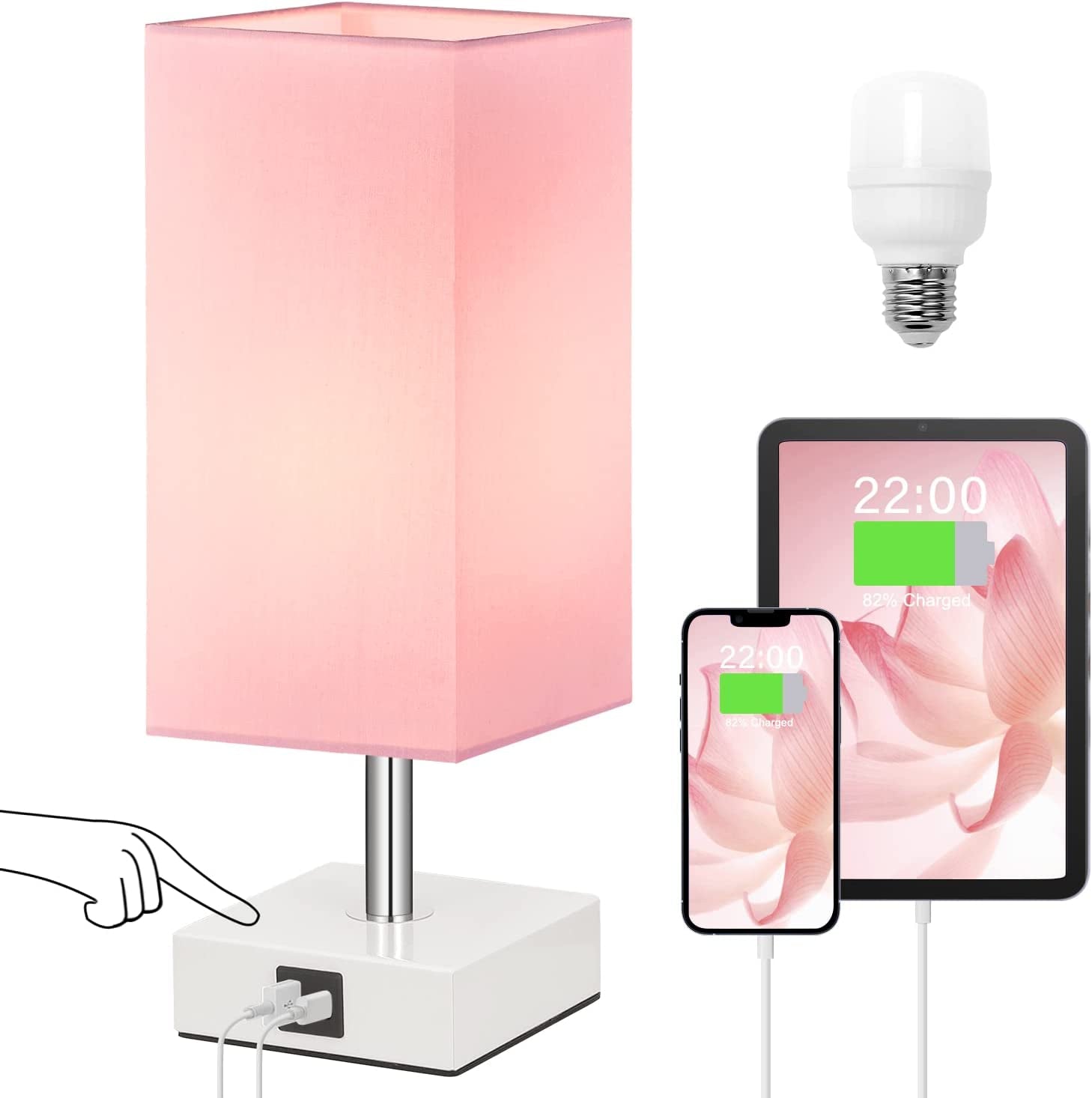 Touch Control Table Lamp with 2 USB Charging Ports, 3 Way Touch Lamps beside Desk, Nightstand Lamp for Bedrooms Living Room, Pink Shade with White Base, LED Bulb Included(Pink) | 3-Way Dimmable, 3000K LED Bulb Included, Square Pink Shade White Base, Cute Room Decor for Teen Girls, Kids, Nightstand, Desk